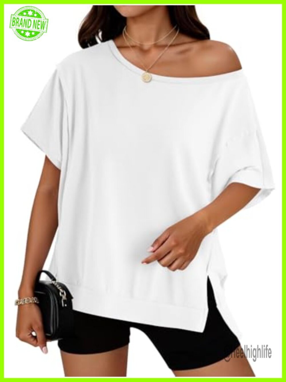 Womens Oversized Batwing Short Sleeve Slit Hem Casual Summer Beach T-Shirt